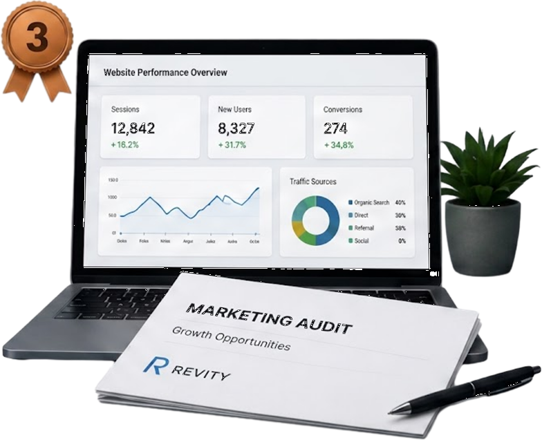 Laptop showing a marketing audit dashboard with a third place medal