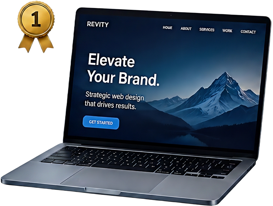 Laptop showing a Revity-designed website with a first place medal