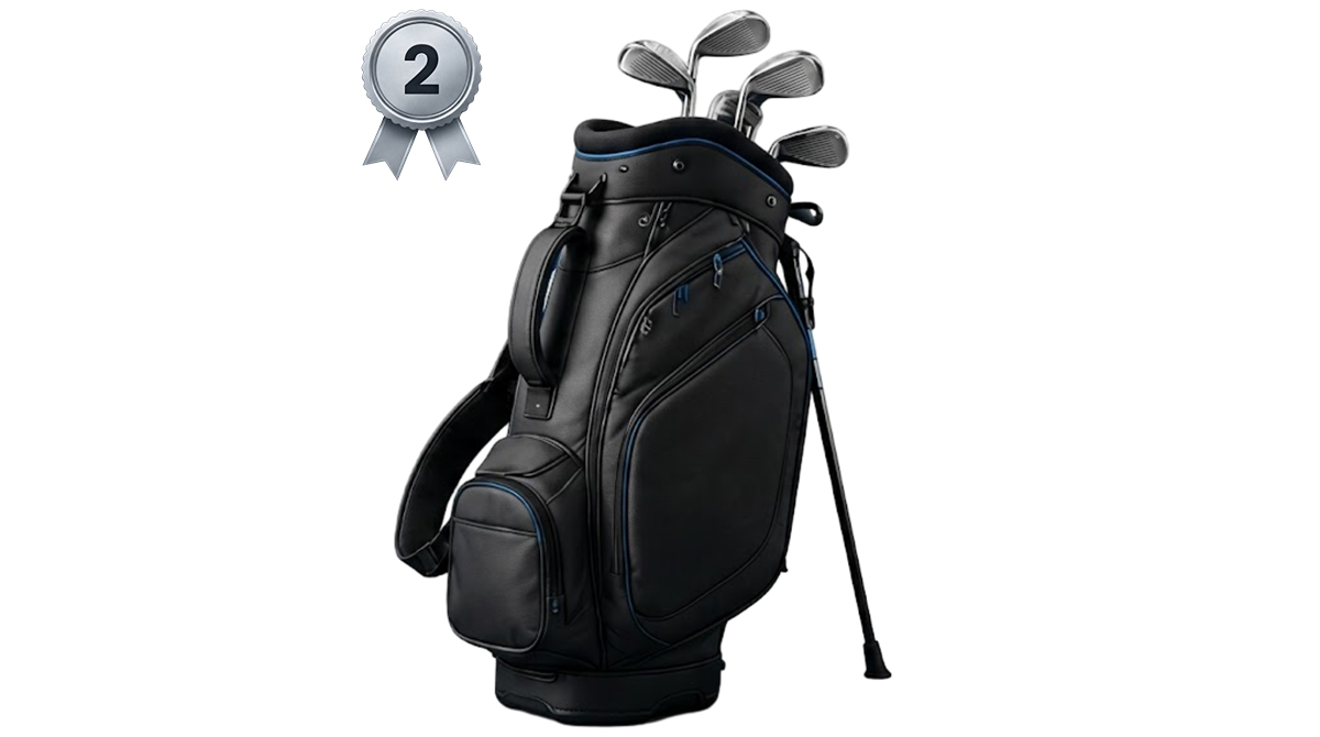 Black golf bag with silver second place medal